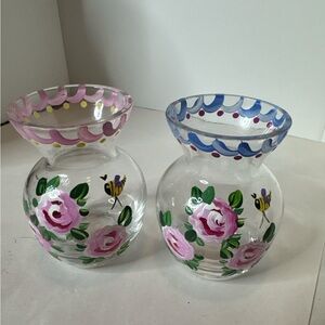 Set of 2 Small Hand Painted Vases with Roses and a bee! Not branded. (1-L)